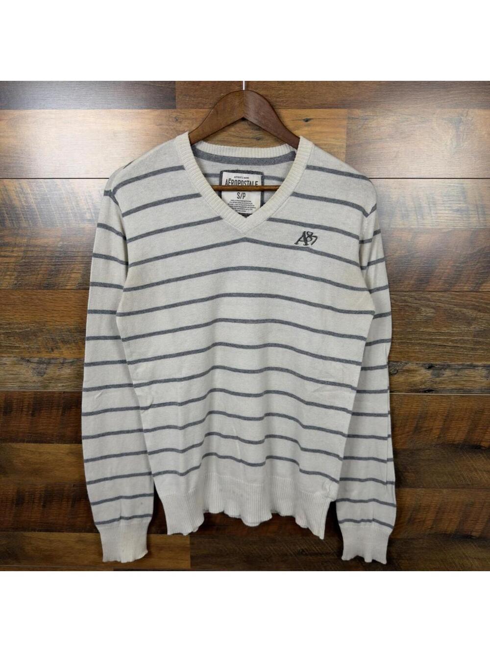 Aeropostale Striped V Neck Sweater Small Ivory Gray Preppy Y2K